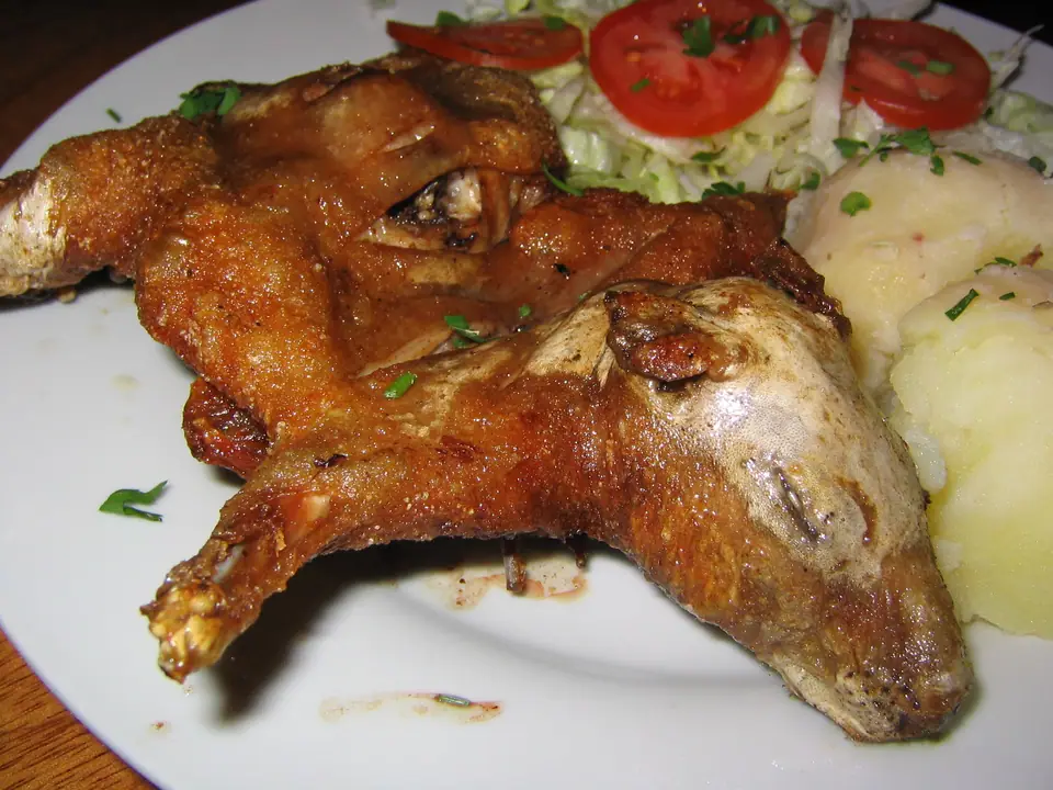 Cuy asado entero servido con ensalada y papas, plato andino de Cusco